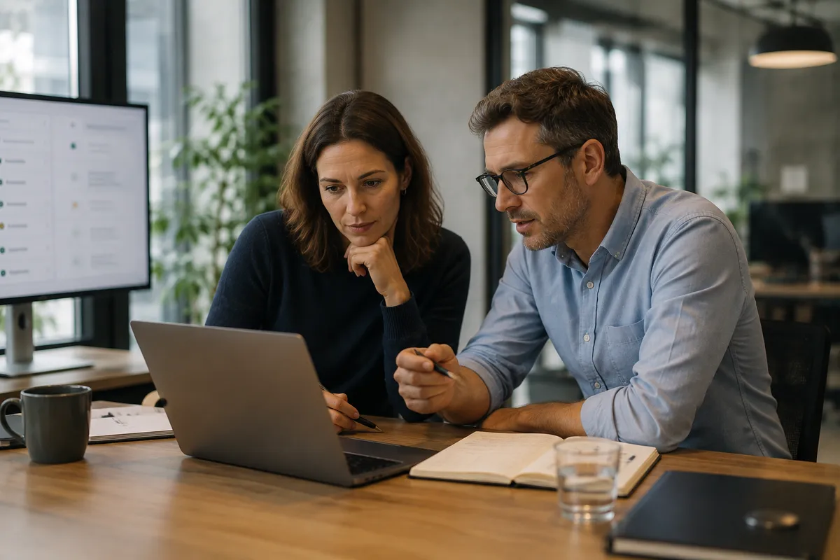 Zwei Personen prüfen gemeinsam das Ergebnis eines digitalen Mitarbeiters am Laptop