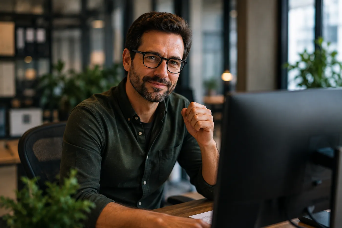 Ein Mitarbeiter freut sich am Schreibtisch über die Arbeit seines digitalen Kollegen