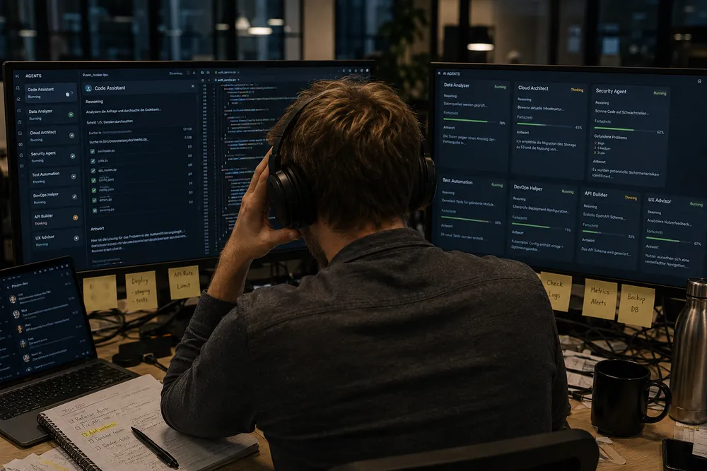 Ein überlasteter Entwickler vor mehreren Monitoren, auf denen viele KI-Agenten parallel arbeiten