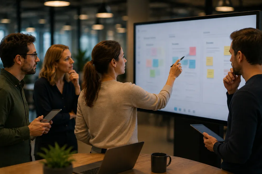 Ein Team bespricht Aufgabenkarten an einem digitalen Board